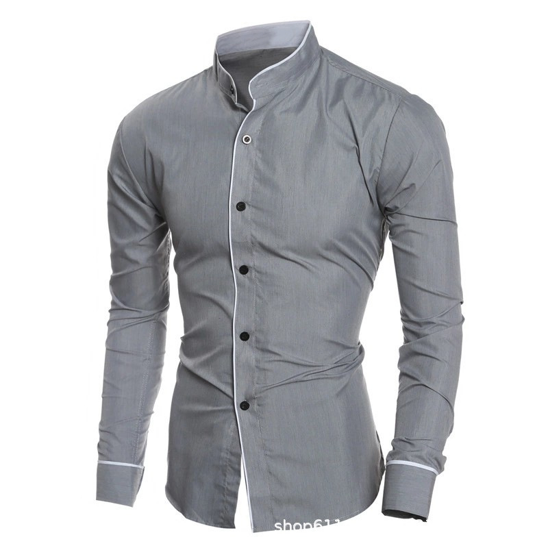 Men Slim Fit Solid Color Long  - đánh giá và giá Mandarin Collar Formal Shirt Slim Fit