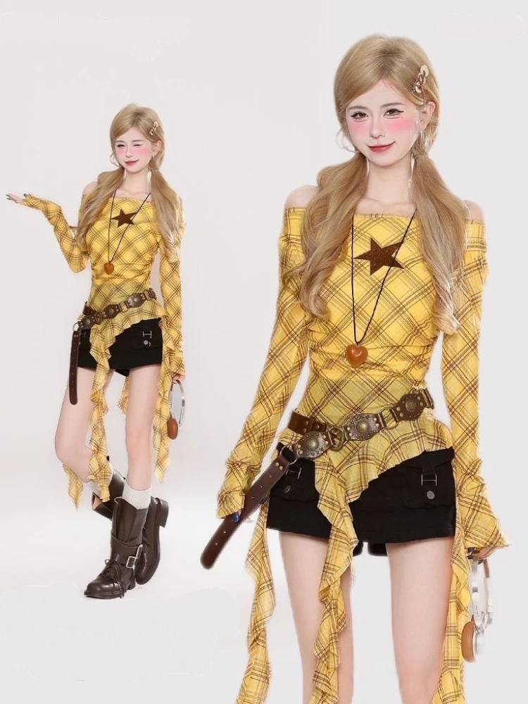 Y2K Plaid Slash Neck Vintage T - đánh giá và giá Shirts
