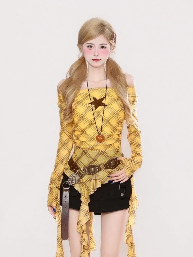 Y2K Plaid Slash Neck Vintage T - đánh giá và giá Shirts