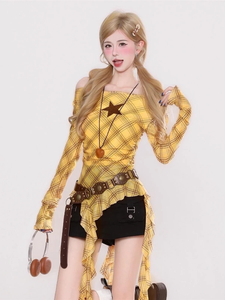 Y2K Plaid Slash Neck Vintage T - đánh giá và giá Shirts