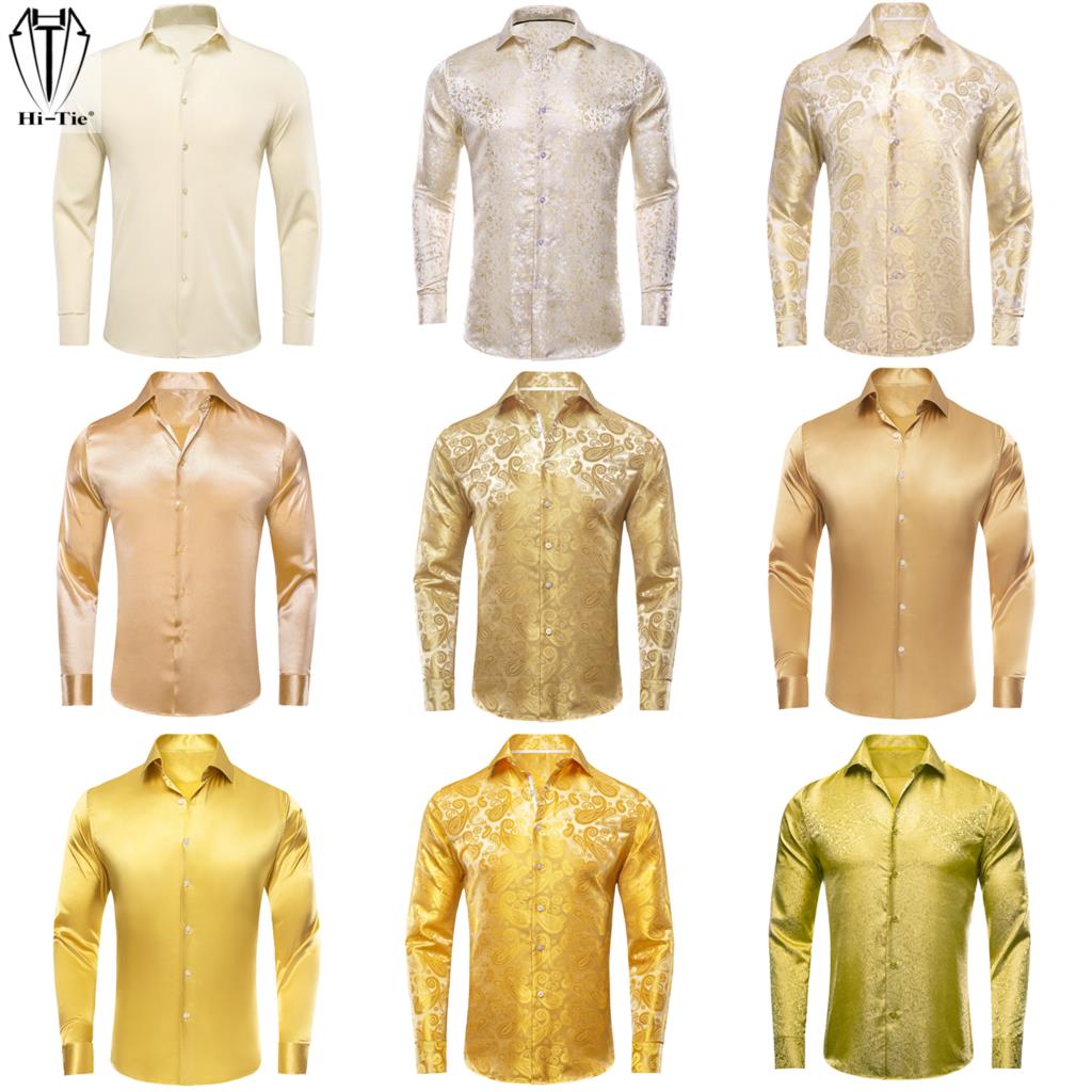 Hi-Tie Gold Beige Ivory Champa - đánh giá và giá Mens Satin Silk Dress Shirt